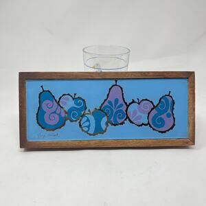 Vintage 60s MCM Georges Briard Trivet Wood / Glass Turquoise Apples Pears Gold